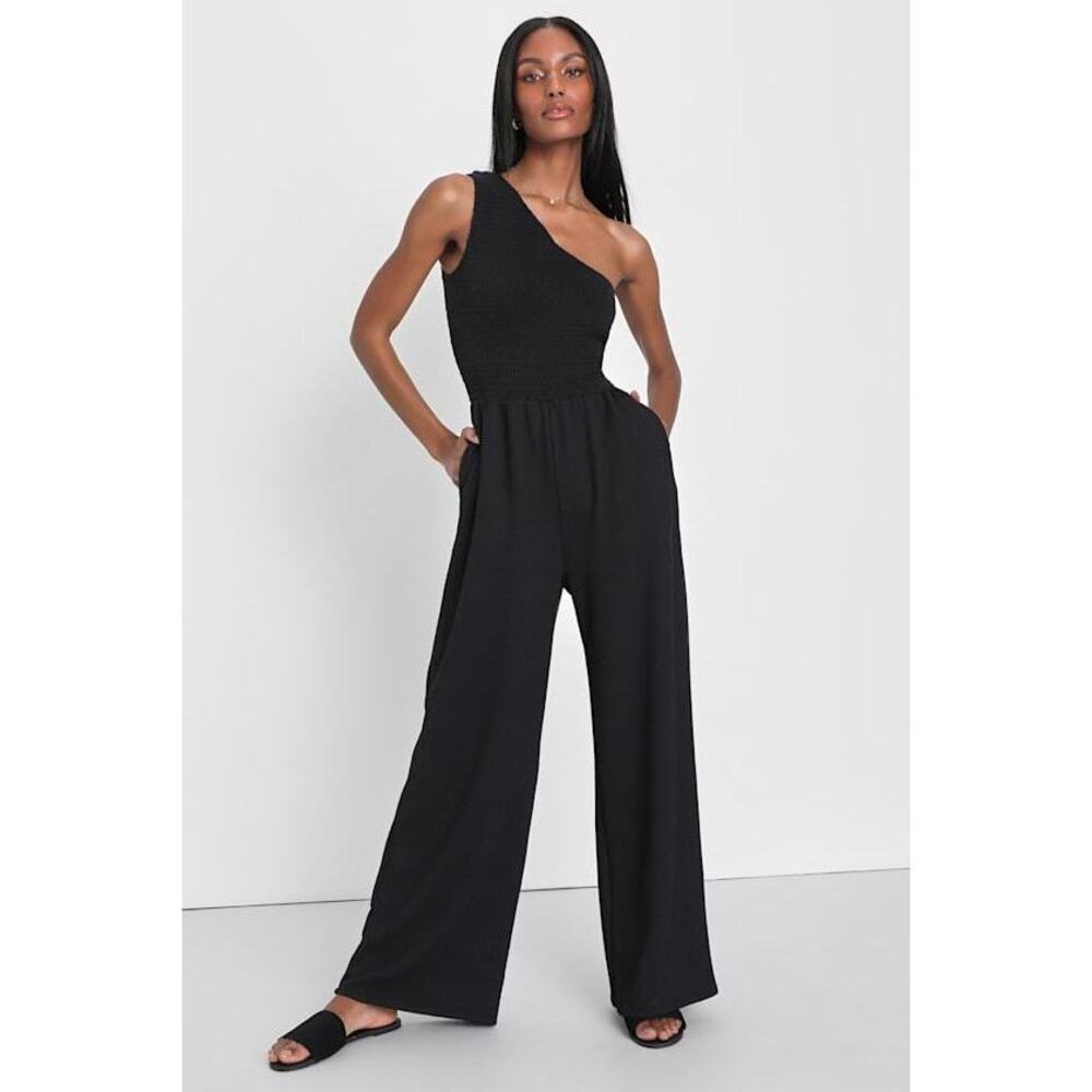 NWT Lulus Black Smocked Knit One-shoulder Jumpsuit